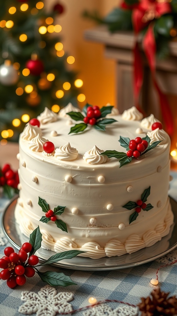 Classic 1950s Christmas Cake Recipe A traditional 1950s Christmas cake with royal icing and marzipan decorations, surrounded by festive holiday decor.